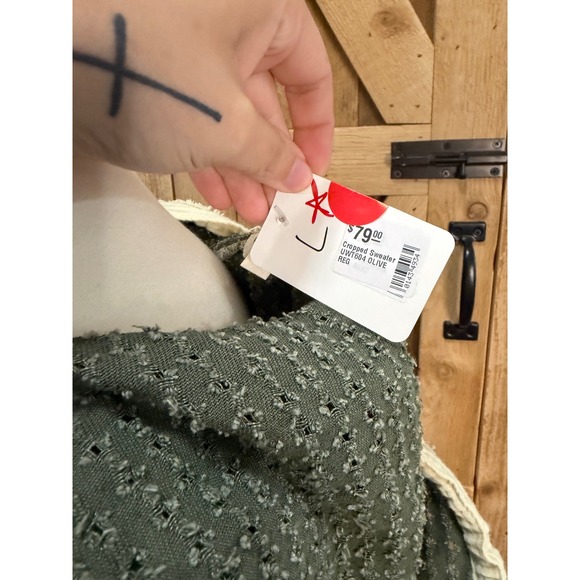 POL Olive Green Cropped Boho Hoodie Sweater Floral Tiered Gauze UWT604 Large - Picture 5 of 6